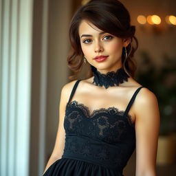 A beautiful girl wearing a stylish black babydoll dress accented with delicate lace details