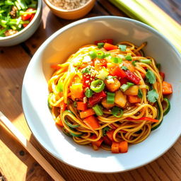 A vibrant and colorful dish of Mei Goreng with zoodles (zucchini noodles) instead of traditional noodles, topped with diced vegetables such as carrots, bell peppers, and green onions
