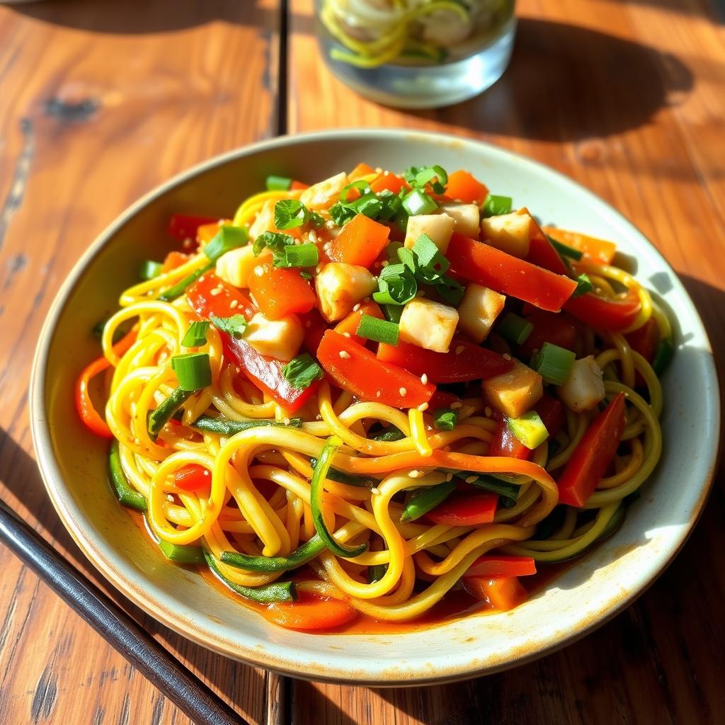 A vibrant and colorful dish of Mei Goreng with zoodles (zucchini noodles) instead of traditional noodles, topped with diced vegetables such as carrots, bell peppers, and green onions