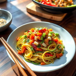 A vibrant and colorful dish of Mei Goreng with zoodles (zucchini noodles) instead of traditional noodles, topped with diced vegetables such as carrots, bell peppers, and green onions