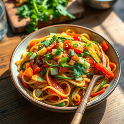A vibrant and colorful dish of Mei Goreng with zoodles (zucchini noodles) instead of traditional noodles, topped with diced vegetables such as carrots, bell peppers, and green onions