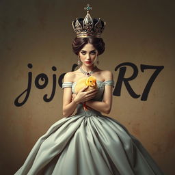 A regal queen wearing a stunning crown, cradling a cute chick in her arms