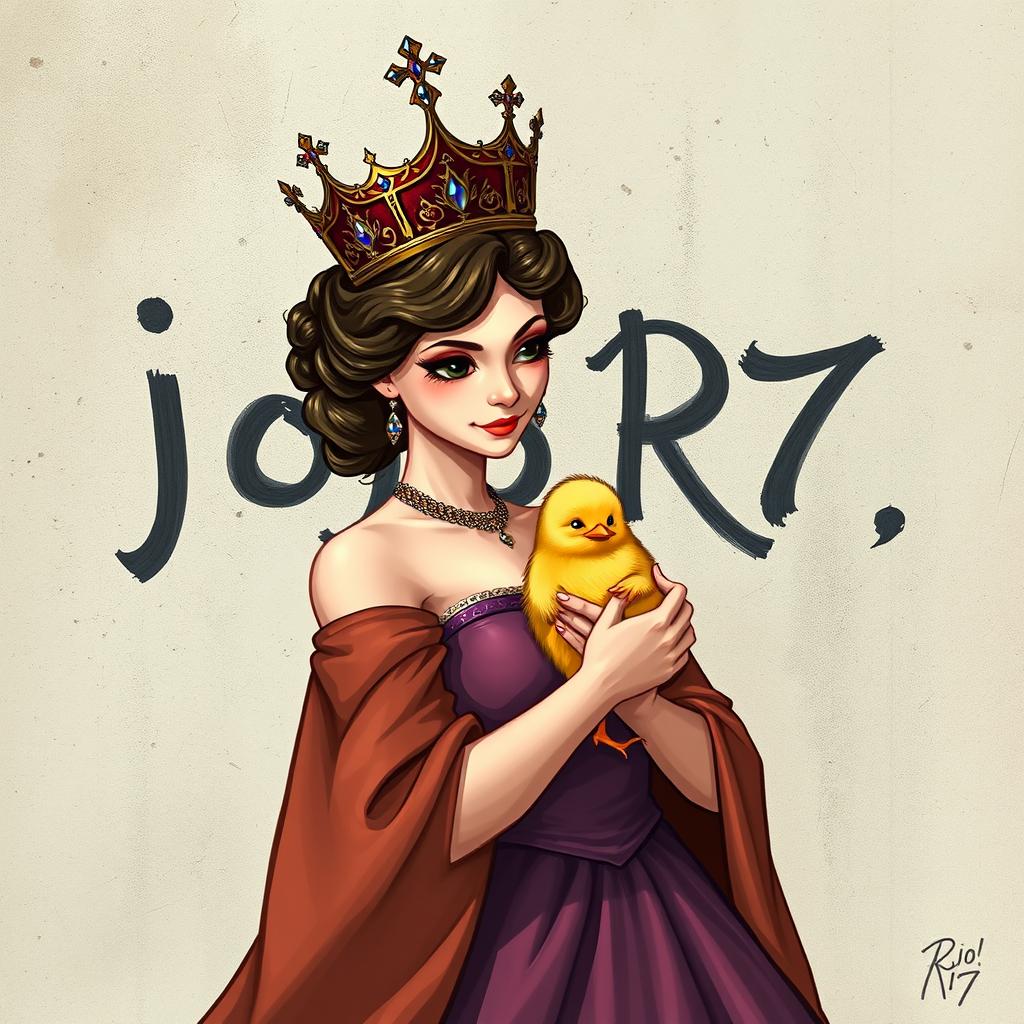 A regal queen wearing a stunning crown, cradling a cute chick in her arms