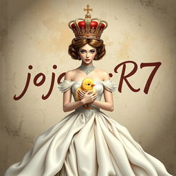 A regal queen wearing a stunning crown, cradling a cute chick in her arms