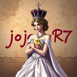 A regal queen wearing a stunning crown, cradling a cute chick in her arms
