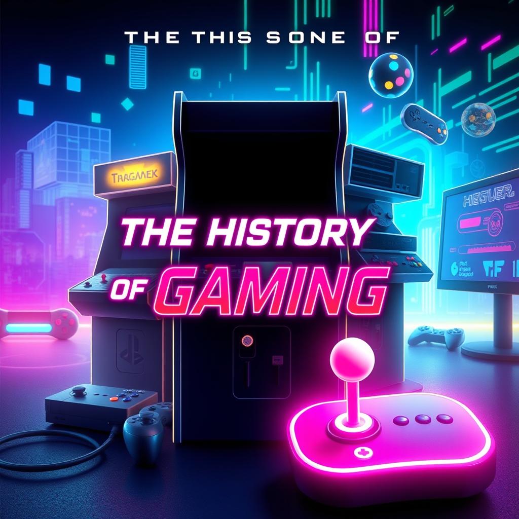 A visually engaging thumbnail for a documentary about video games, featuring iconic gaming elements like a vintage arcade machine, modern gaming consoles, and a glowing joystick