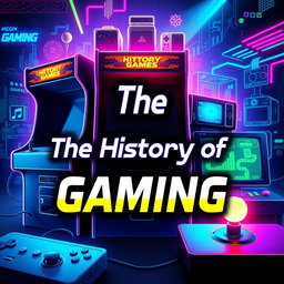 A visually engaging thumbnail for a documentary about video games, featuring iconic gaming elements like a vintage arcade machine, modern gaming consoles, and a glowing joystick