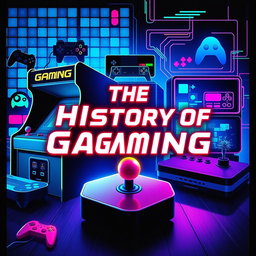 A visually engaging thumbnail for a documentary about video games, featuring iconic gaming elements like a vintage arcade machine, modern gaming consoles, and a glowing joystick