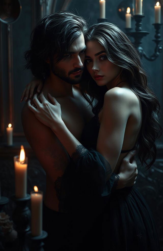 A sensuous and moody dark romance scene, featuring a brooding male and a mysterious female embracing in a dimly lit, gothic-style room adorned with rich, dark colors
