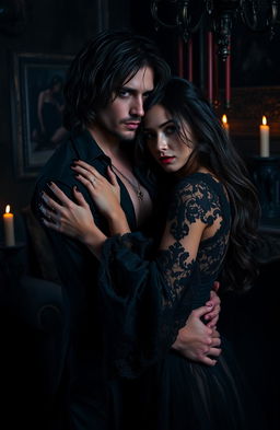 A sensuous and moody dark romance scene, featuring a brooding male and a mysterious female embracing in a dimly lit, gothic-style room adorned with rich, dark colors