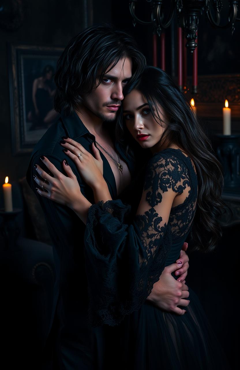 A sensuous and moody dark romance scene, featuring a brooding male and a mysterious female embracing in a dimly lit, gothic-style room adorned with rich, dark colors