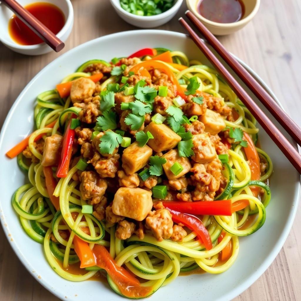 A plate of vibrant Mei Goreng Zoodles, featuring spiralized zucchini noodles cooked with ground chicken