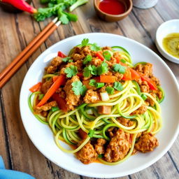 A plate of vibrant Mei Goreng Zoodles, featuring spiralized zucchini noodles cooked with ground chicken