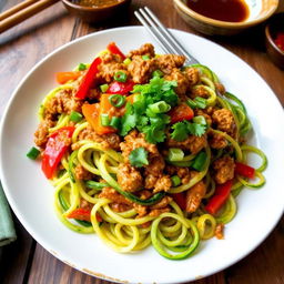 A plate of vibrant Mei Goreng Zoodles, featuring spiralized zucchini noodles cooked with ground chicken