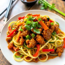 A plate of vibrant Mei Goreng Zoodles, featuring spiralized zucchini noodles cooked with ground chicken