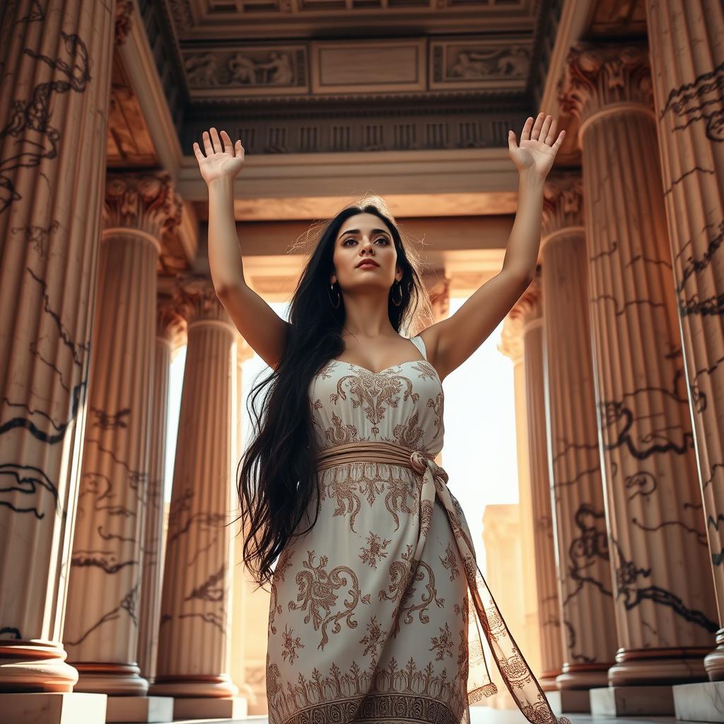 A very beautiful Greek woman in a flowing traditional dress, adorned with intricate ancient Greek patterns, standing gracefully inside the majestic Temple of Athena
