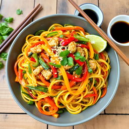 A delicious plate of Mei Goreng Zoodles, featuring colorful spiralized zucchini noodles stir-fried with minced chicken