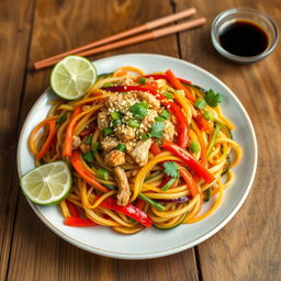 A delicious plate of Mei Goreng Zoodles, featuring colorful spiralized zucchini noodles stir-fried with minced chicken