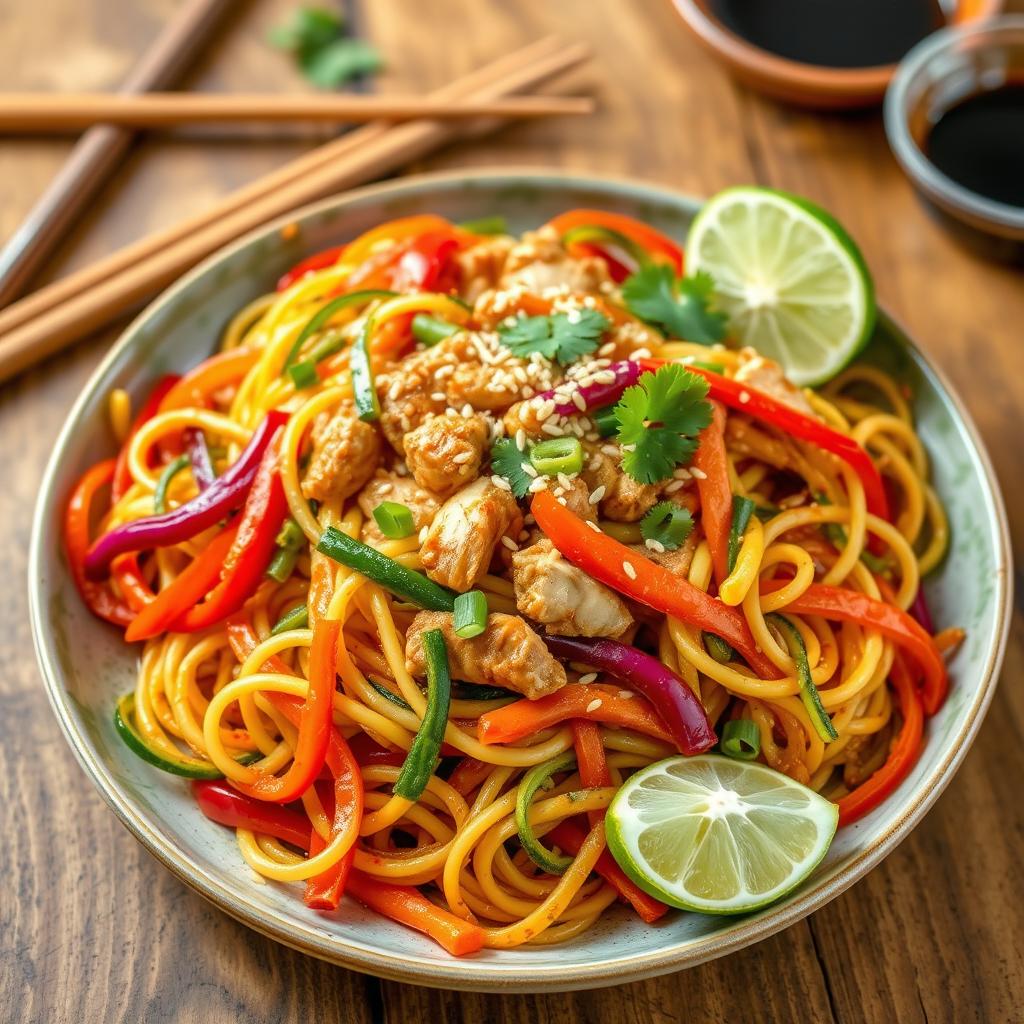 A delicious plate of Mei Goreng Zoodles, featuring colorful spiralized zucchini noodles stir-fried with minced chicken