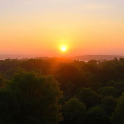 A breathtaking landscape featuring a radiant sunset with the sun depicted in a golden hue, casting a warm glow over the trees