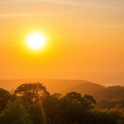 A breathtaking landscape featuring a radiant sunset with the sun depicted in a golden hue, casting a warm glow over the trees