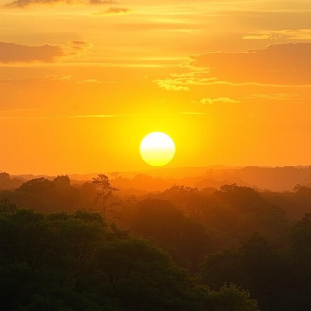 A breathtaking landscape featuring a radiant sunset with the sun depicted in a golden hue, casting a warm glow over the trees
