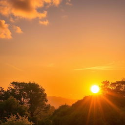 A breathtaking landscape featuring a radiant sunset with the sun depicted in a golden hue, casting a warm glow over the trees