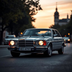 A classic Mercedes-Benz W123 car, showcasing its iconic shape and features, but with luxurious and extravagant headlights inspired by the Rolls Royce Phantom