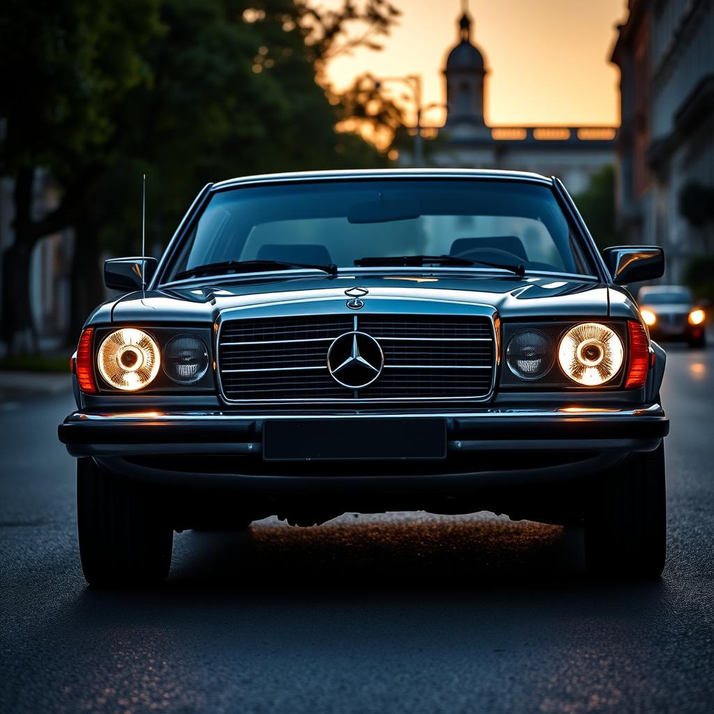 A classic Mercedes-Benz W123 car, showcasing its iconic shape and features, but with luxurious and extravagant headlights inspired by the Rolls Royce Phantom