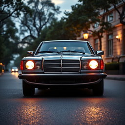 A classic Mercedes-Benz W123 car, showcasing its iconic shape and features, but with luxurious and extravagant headlights inspired by the Rolls Royce Phantom