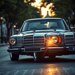 A classic Mercedes-Benz W123 car, showcasing its iconic shape and features, but with luxurious and extravagant headlights inspired by the Rolls Royce Phantom