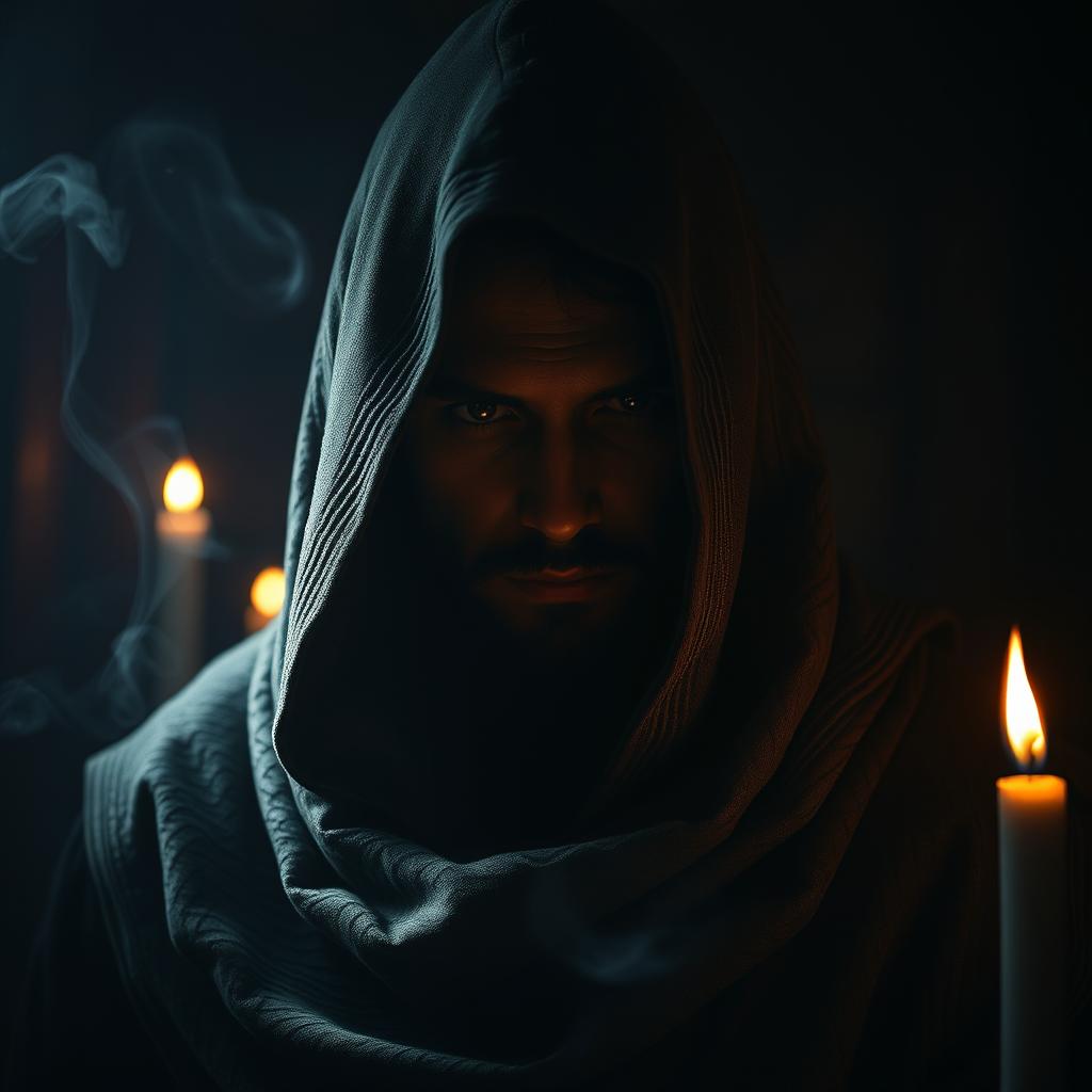 A mysterious man concealed in darkness, wearing an intricately designed hooded cloak