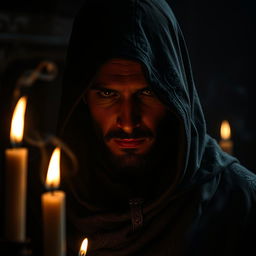 A mysterious man concealed in darkness, wearing an intricately designed hooded cloak