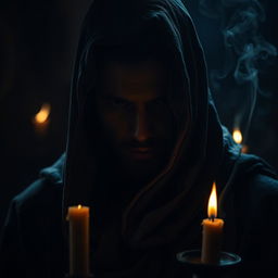 A mysterious man concealed in darkness, wearing an intricately designed hooded cloak