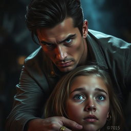 A dramatic scene depicting a handsome man with striking features and intense expression, capturing a moment of tension