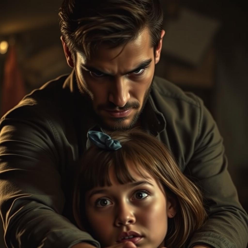 A dramatic scene depicting a handsome man with striking features and intense expression, capturing a moment of tension