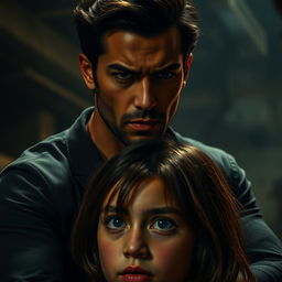 A dramatic scene depicting a handsome man with striking features and intense expression, capturing a moment of tension