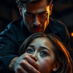 A dramatic scene depicting a handsome man with striking features and intense expression, capturing a moment of tension