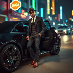 A stylish gangster man stepping out of a sleek black car, confidently showcasing his outfit, which includes a pinstripe suit, a fedora, and polished shoes