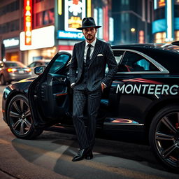 A stylish gangster man stepping out of a sleek black car, confidently showcasing his outfit, which includes a pinstripe suit, a fedora, and polished shoes