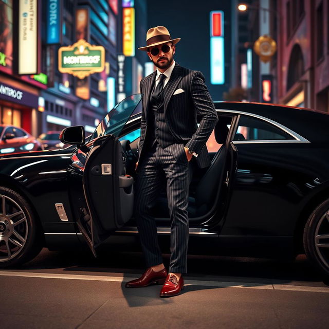 A stylish gangster man stepping out of a sleek black car, confidently showcasing his outfit, which includes a pinstripe suit, a fedora, and polished shoes