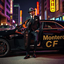 A stylish gangster man stepping out of a sleek black car, confidently showcasing his outfit, which includes a pinstripe suit, a fedora, and polished shoes
