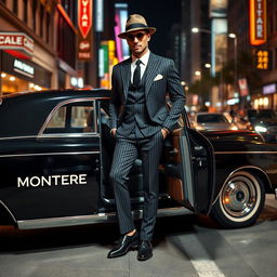 A dapper gangster man stepping out of a classic black luxury car, dressed in a sharp pinstripe suit, complete with a stylish hat and sleek shoes