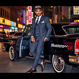 A dapper gangster man stepping out of a classic black luxury car, dressed in a sharp pinstripe suit, complete with a stylish hat and sleek shoes