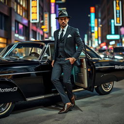 A dapper gangster man stepping out of a classic black luxury car, dressed in a sharp pinstripe suit, complete with a stylish hat and sleek shoes