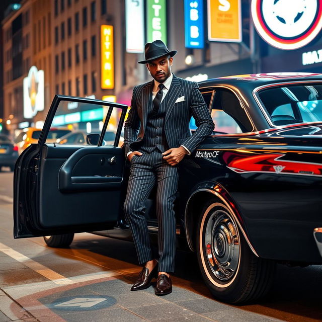 A dapper gangster man stepping out of a classic black luxury car, dressed in a sharp pinstripe suit, complete with a stylish hat and sleek shoes