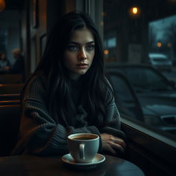 A moody, introspective young woman sitting alone in a dimly lit café