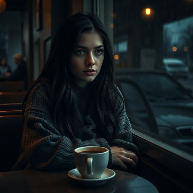 A moody, introspective young woman sitting alone in a dimly lit café
