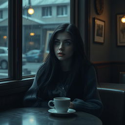 A moody, introspective young woman sitting alone in a dimly lit café