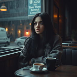 A moody, introspective young woman sitting alone in a dimly lit café